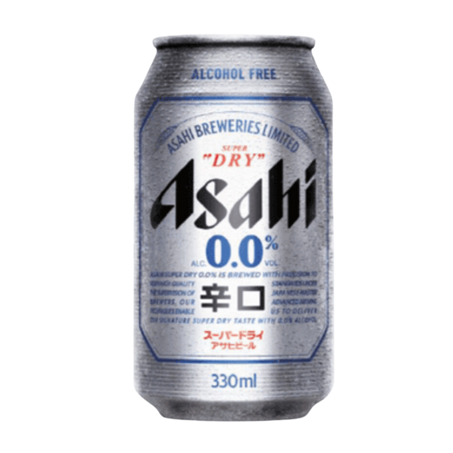 A can of non-alcoholic Asahi Super Dry 0.0 beer with the text 'DRY' and '0.0%' prominently displayed, indicating it is alcohol-free.
