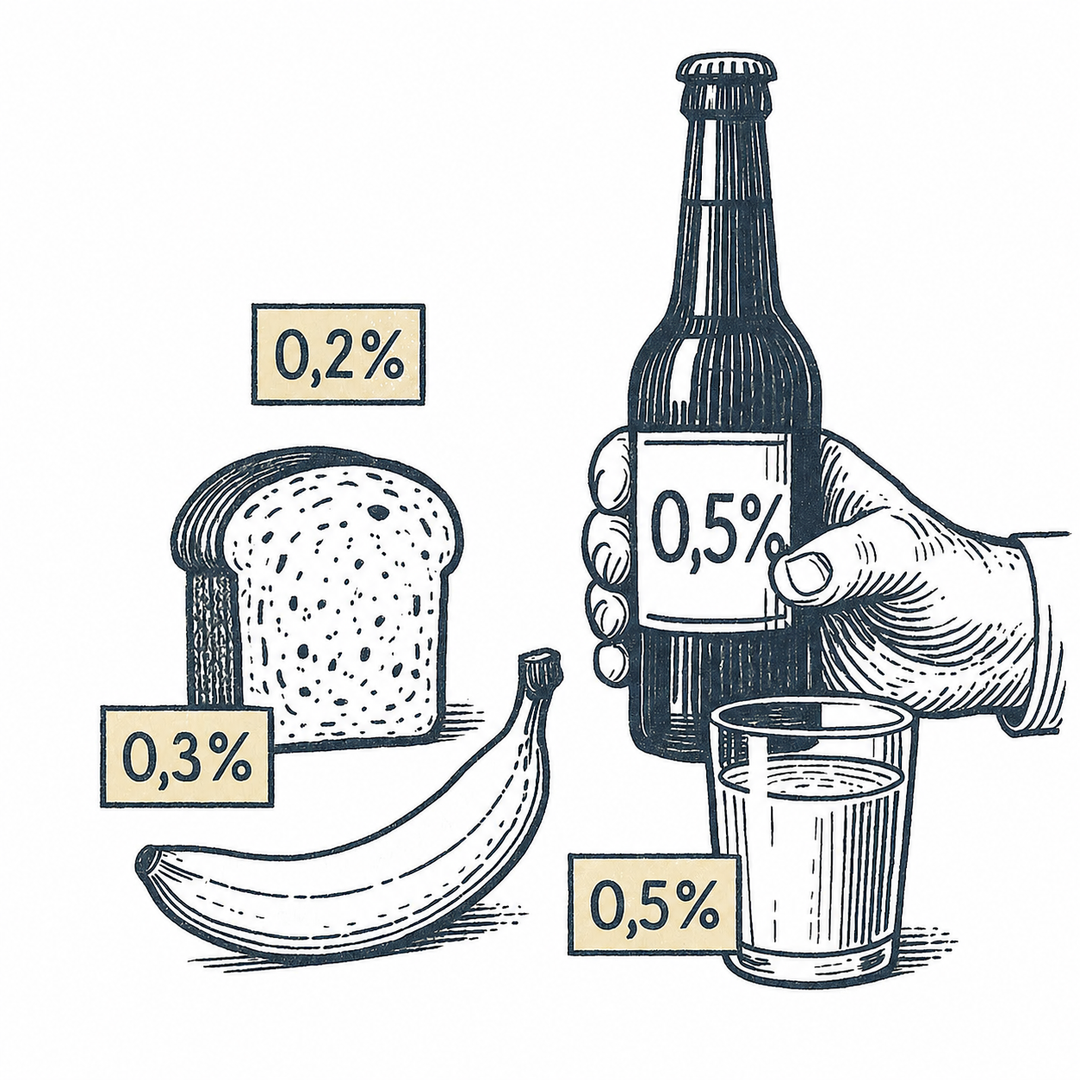 Illustration editoriale du mythe du 0.5% - bouteille de biere sans alcool avec etiquettes de pourcentage sur des aliments quotidiens