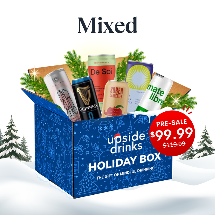 Upside Drinks Holiday Box - Mixed edition, open box with a mix of non-alcoholic drinks