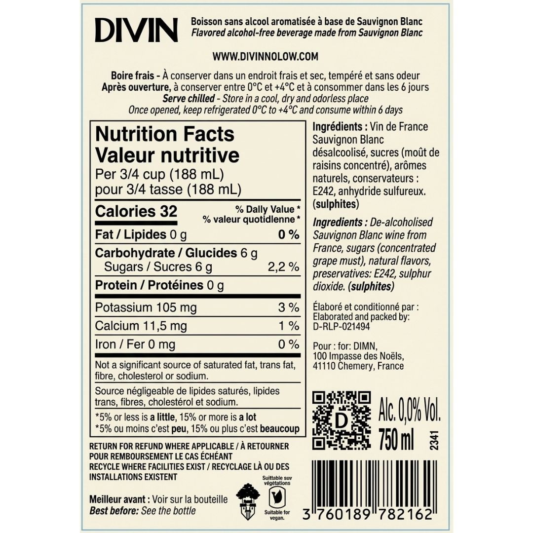 DIVIN 0.0 - Sauvignon Blanc, nutrition facts