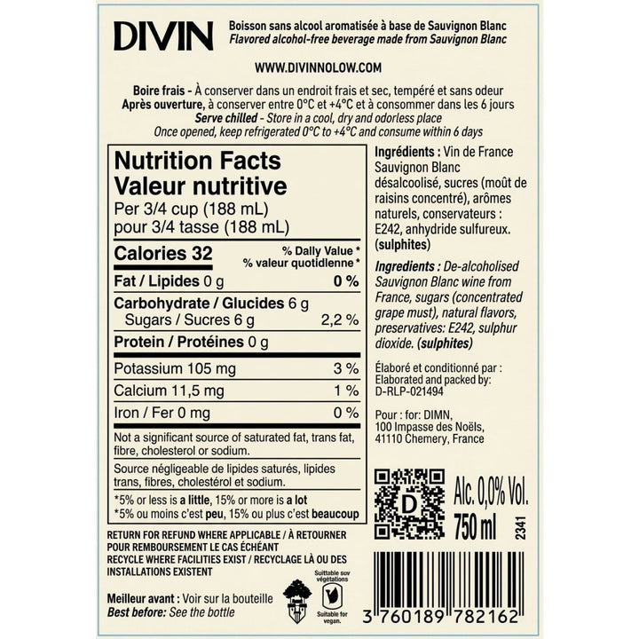 DIVIN 0.0 - Sauvignon Blanc, nutrition facts