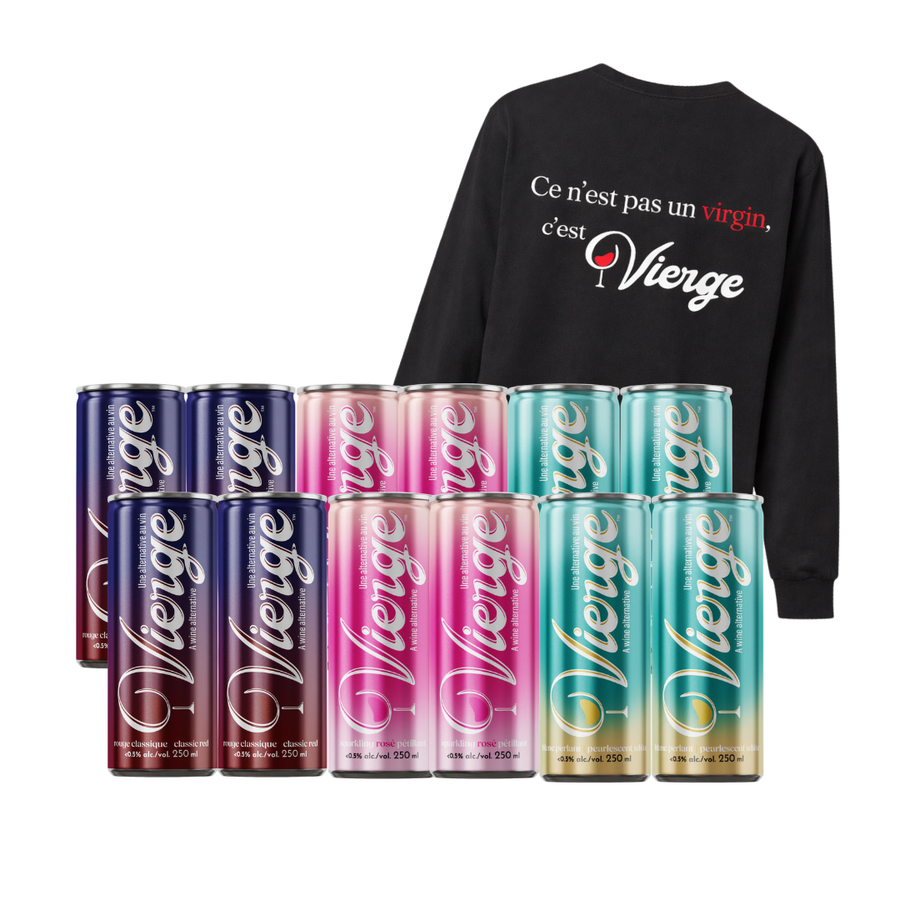 Vierge non-alcoholic wine mix pack of 12 cans with a free Vierge long sleeve shirt