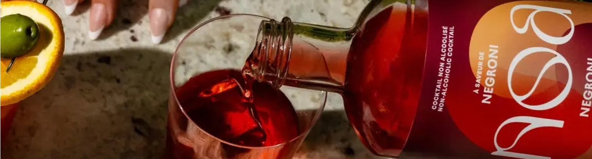 NOA non-alcoholic Negroni poured into a glass