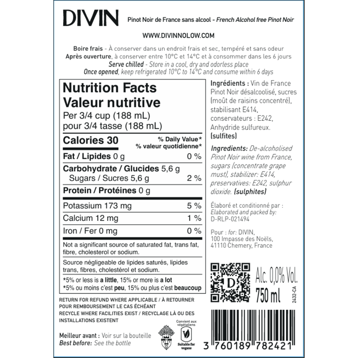 DIVIN 0.0 - Pinot Noir, nutrition facts